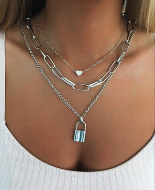 Silver Layered Lock Heart Necklace - Gifts For Friendship - Unique Best Friend Necklaces