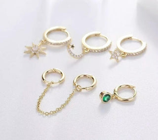 Emerald Mismatched Celestial Star and Moon Gold Ear Collection Features 5 Pieces
