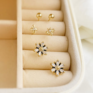 Artisan 14K Gold Bee And Crystal Flower 6 Piece Stud Earring Set