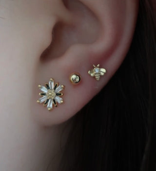Artisan 14K Gold Bee And Crystal Flower 6 Piece Stud Earring Set